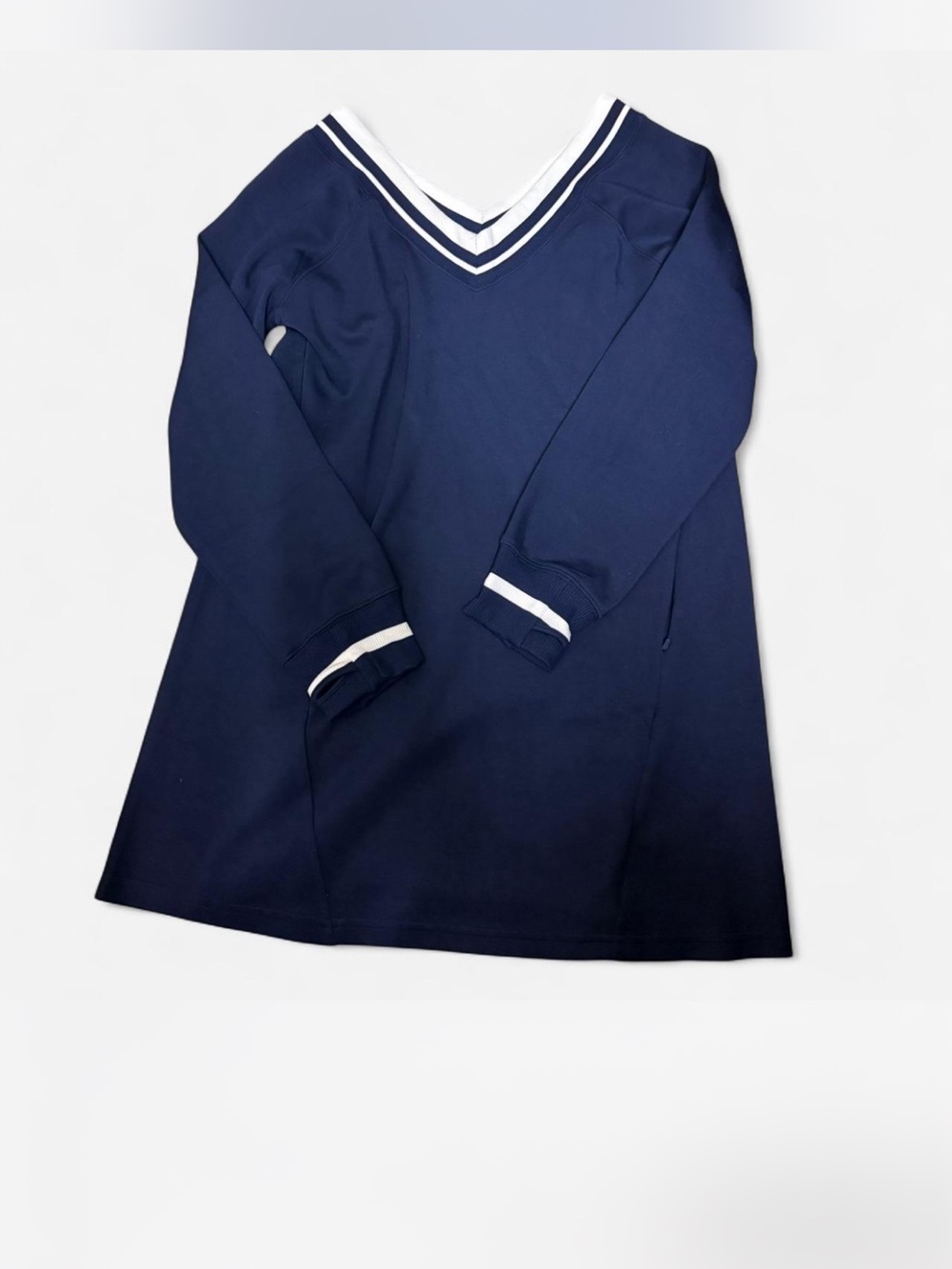 aerie Navy Long Sleeve V‑Neck Dress with White Stripe Trim